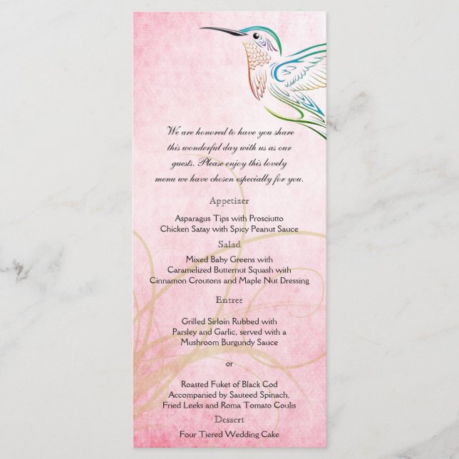 Pink Hummingbird Watercolor Menu Mariage (Devant)