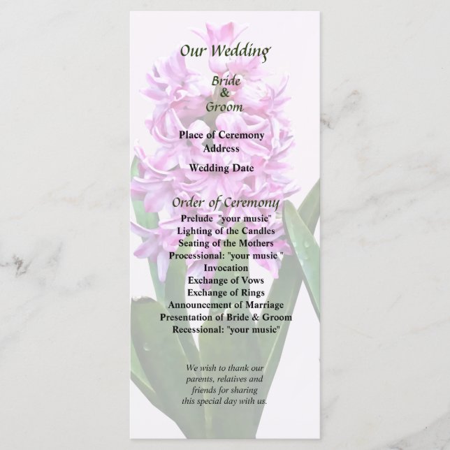 Pink Hyacinths Duo Wedding Programme (Devant)