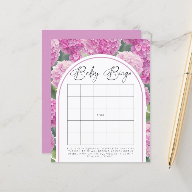 Pink Hydrangea Baby shower Baby Bingo Jeu (Devant/Arrière en situation)
