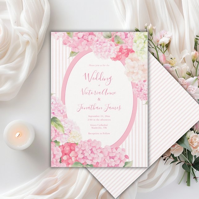 Pink Hydrangea Floral Stripe Wedding Invitation (Créateur téléchargé)