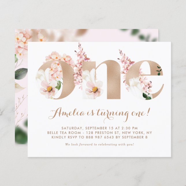Pink Hydrangea Rose Gold First Birthday Invitation (Devant / Derrière)