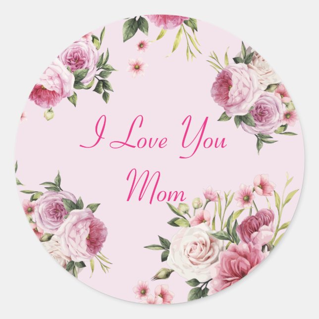 Pink I Love You Mom Classic Round Sticker (Devant)