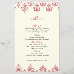 Pink Ivory Damask Arabesque Mariage Carte Menu