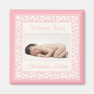 Pink Ivory Floral Damask Baby Photo Magnet