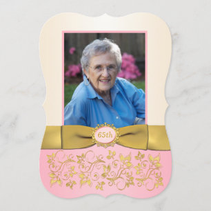 Pink, Ivory, Gold 65th Photo Birthday Invitation