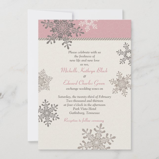 Pink Ivory Snowflake hiver Mariage Invitation (Devant)