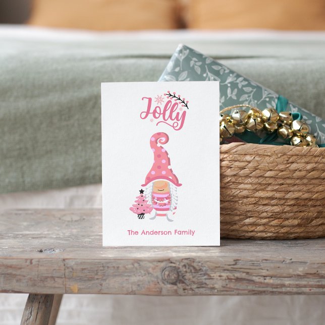 Pink Jolly Girl Gnome Carte de vacances - Custom F (Pink Christmas Girl Gnome With Winer Hat Jolly Holiday Card - Personalized Festive Greeting)