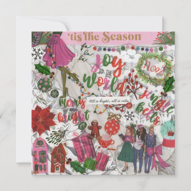 Pink Joy To The World Christmas Flat Greeting Card (Devant)