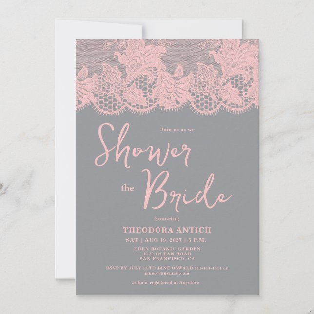 Pink Lace Grey Bridal Shower Invitation (Devant)