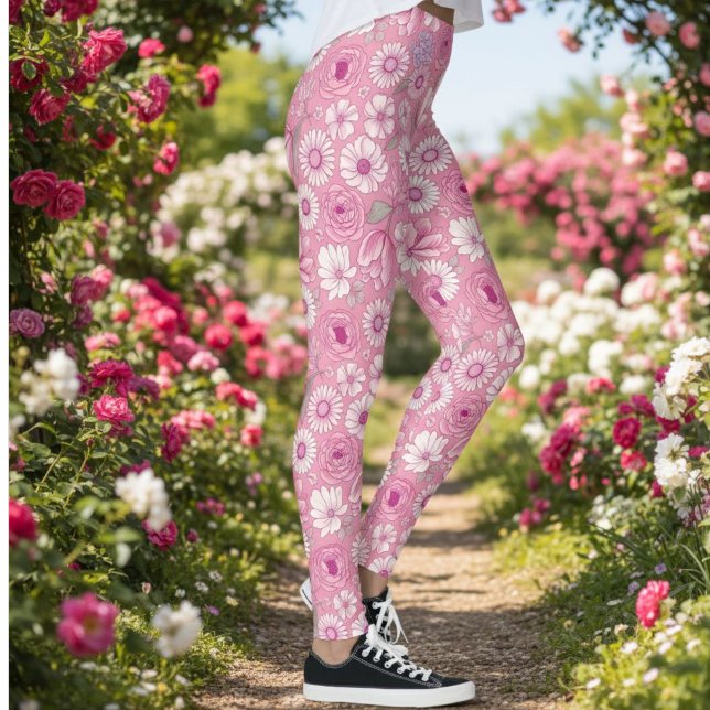 Pink leggings with white rose and daisy pattern (Créateur téléchargé)