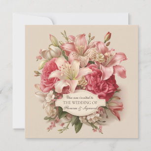 Pink Lily et Peony Vintage Mariage Invitation