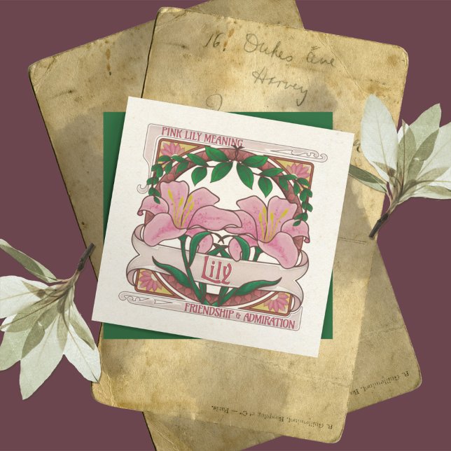 Pink Lily - Fleur Signifiant Carte de voeux d'amit (Pink Lily: Language of Flowers Friendship and Admiration Vintage Style Greeting Card)