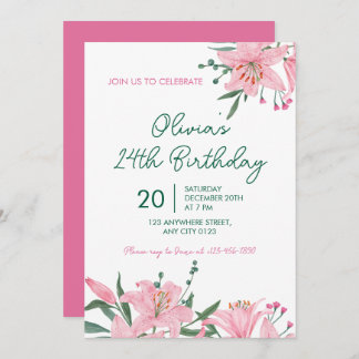 Pink Lily Garden Birthday Party Invitation