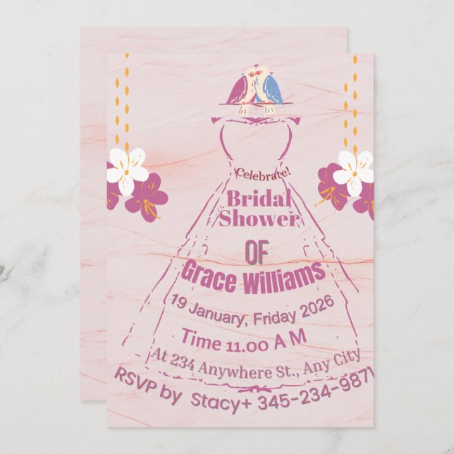 Pink Marble Bridal Gown Shower Invitation | Grace  (Devant / Derrière)