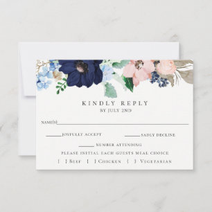 Pink + Marine Floral Wedal Carte de choix de repas