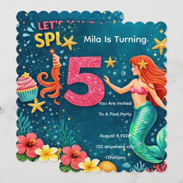 Pink Mermaid Fifth Birthday Invitation (Devant / Derrière)