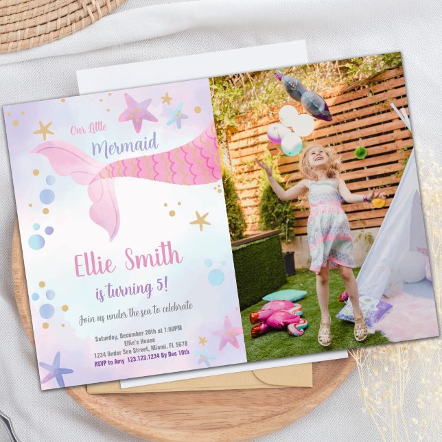 Pink Mermaid Tail Anniversaire Invitation avec pho (Pink Mermaid Tail Birthday Invitations with photo)