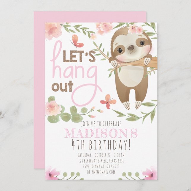 Pink mignonne Sloth Girl Anniversaire Invitation (Devant / Derrière)