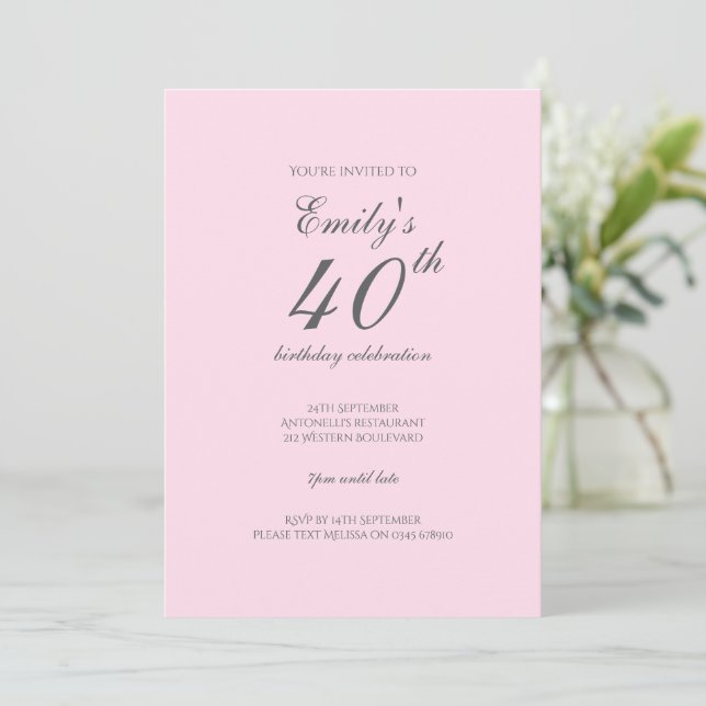 Pink Minimalist 40th Birthday Party Invitation (Debout devant)