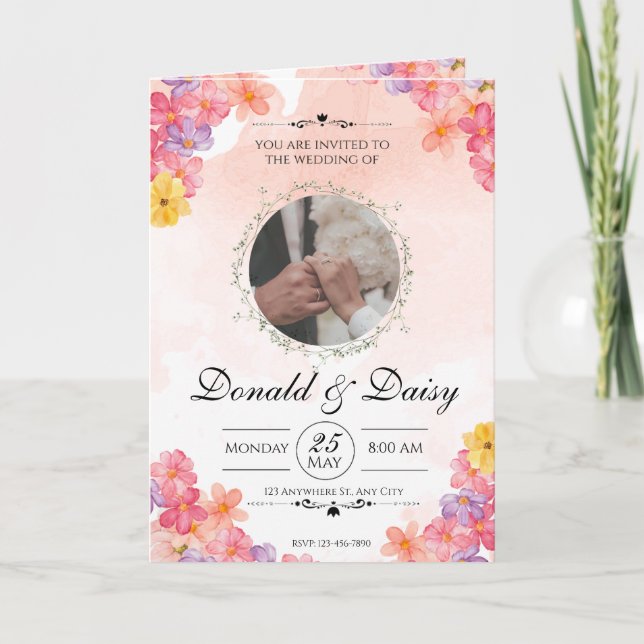 Pink Minimalist Floral Wedding Invitation Card (Devant)