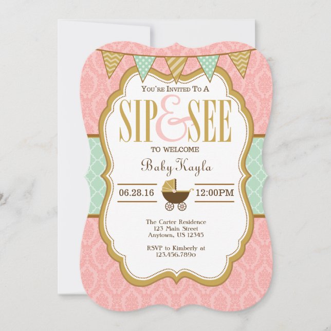 Pink Mint Gold Sip Et Voir Invitation (Devant)