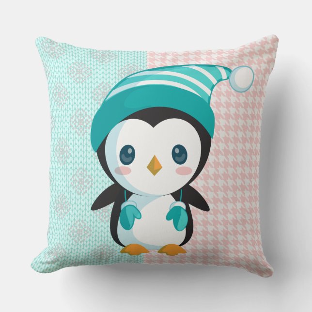 Pink/Mint Pastel Penguin Coussin de Noël (Recto)