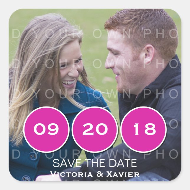 Pink Modern Circles Photo Save the Date Stickers (Devant)