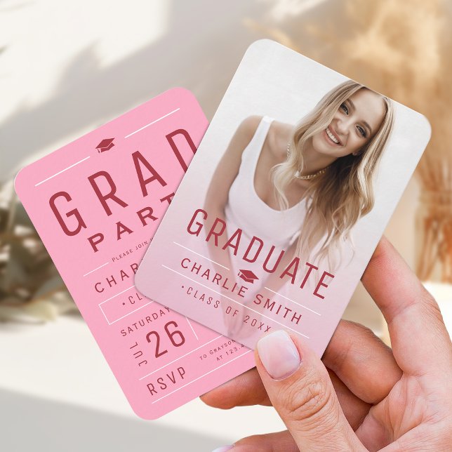 Pink Modern Typographie Photo Invitation (Pink Modern Typography Photo Graduation Invite)
