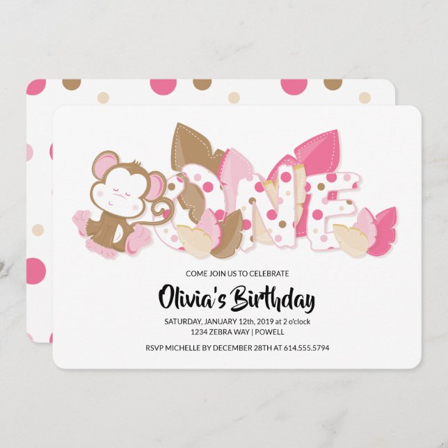 Pink Monkey First Birthday Party Invitation (Devant / Derrière)