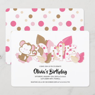 Pink Monkey First Birthday Party Invitation