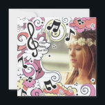 Pink Music Notes Invitation photo<br><div class="desc">Une invitation photo carré avec des notes de musique de style dessin animé, des dessins nuageux et des étoiles sur "papier peint". (FP) La carte est facile à customiser avec votre libellé, police, couleur de police, options de forme de papier et choix de six types de papier. Enveloppes blanches incluses....</div>