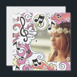 Pink Music Notes Invitation photo<br><div class="desc">Une invitation photo carré avec des notes de musique de style dessin animé, des dessins nuageux et des étoiles sur "papier peint". (FP) La carte est facile à customiser avec votre libellé, police, couleur de police, options de forme de papier et choix de six types de papier. Enveloppes blanches incluses....</div>