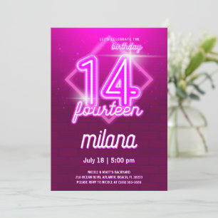 Pink Neon 14th Birthday Party Invitation Card
