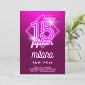 Pink Neon 15e Anniversaire Carte d'invitation