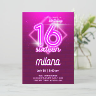 Pink Neon 16e Anniversaire Carte d'invitation