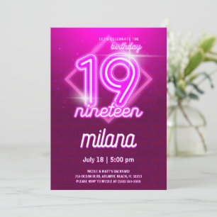 Pink Neon 19e Anniversaire Carte d'invitation