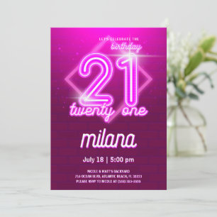 Pink Neon 21e Anniversaire Carte d'invitation