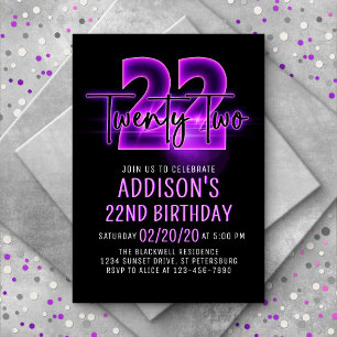 Pink Neon 22e Invitation d'anniversaire