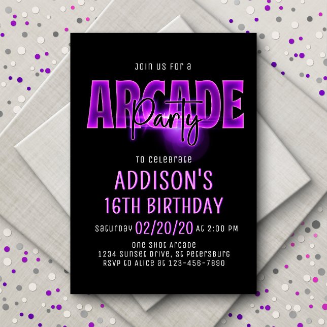 Pink Neon Arcade Party Anniversaire Invitation (Créateur téléchargé)