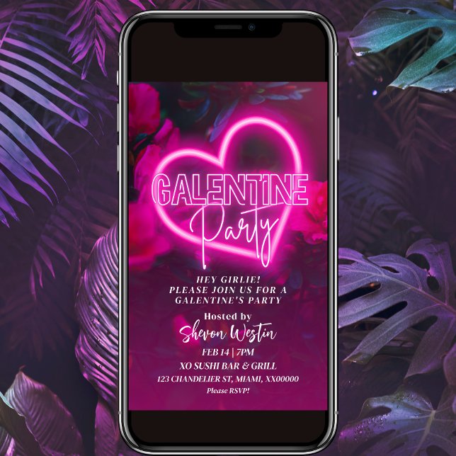 Pink Neon Heart Galentine Party Invitation (Créateur téléchargé)