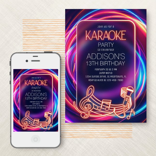 Pink Neon Karaoke Invitation d'anniversaire (Créateur téléchargé)