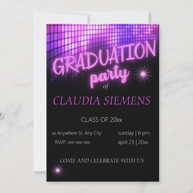 PINK NEON moderne de brillant Invitations de gradu (Devant)