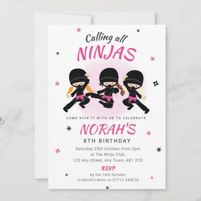 Pink Ninja Birthday Invitation Girls Karate Party (Devant)