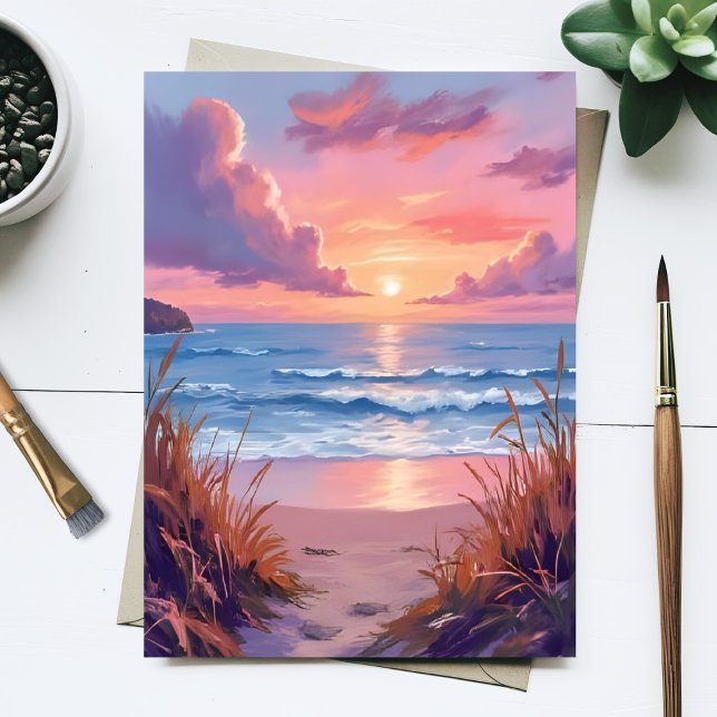 Pink Ocean Sunset Beach Watercolor Painting Card (Créateur téléchargé)