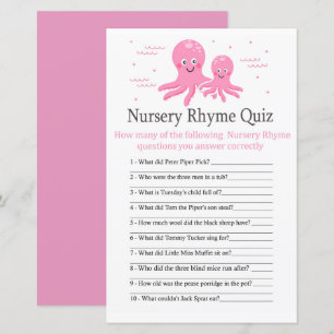 Pink Octopus Nursery Rhyme Quiz jeu de baby shower
