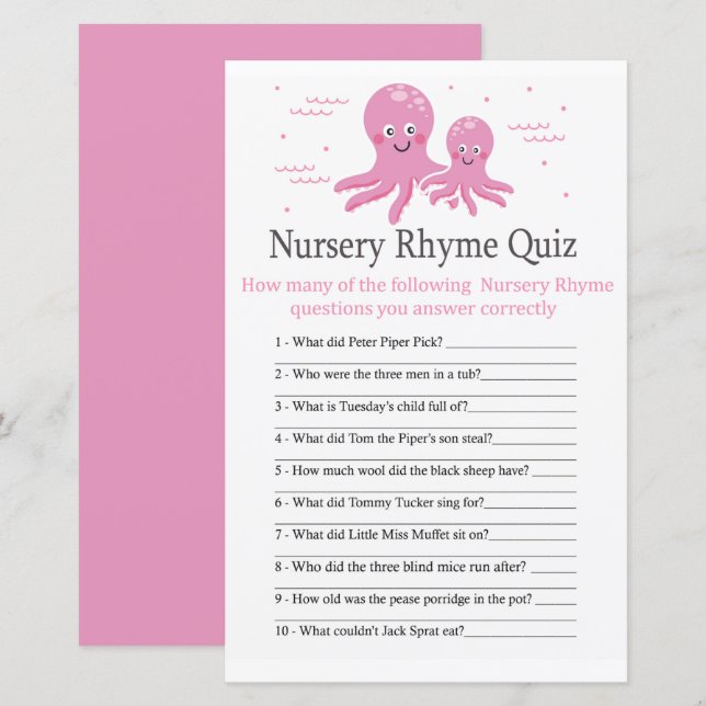 Pink Octopus Nursery Rhyme Quiz jeu de baby shower (Devant / Derrière)