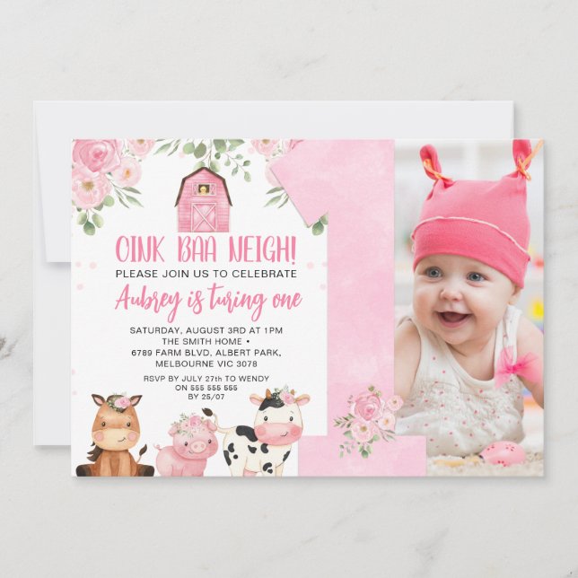 Pink Oink Baa Neigh Girls 1er Invitation anniversa (Devant)