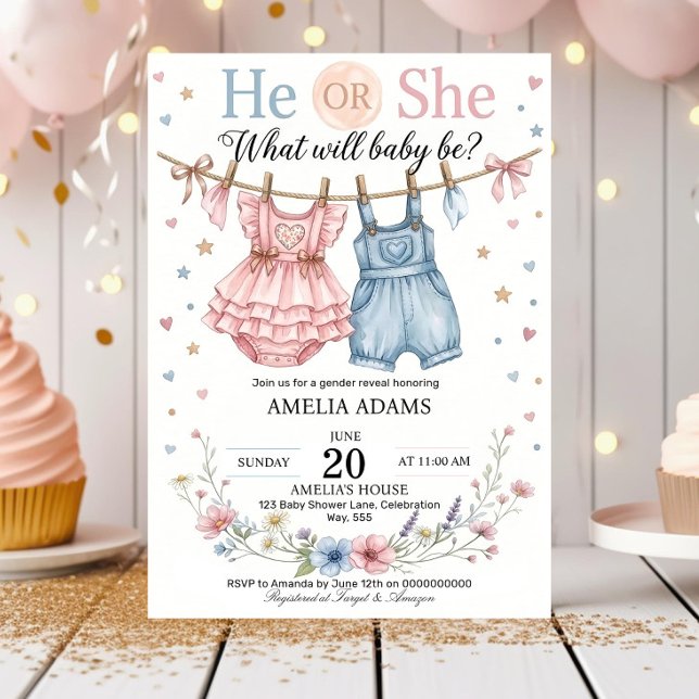 Pink or Blue Baby Clothes Gender Reveal Invitation (Créateur téléchargé)