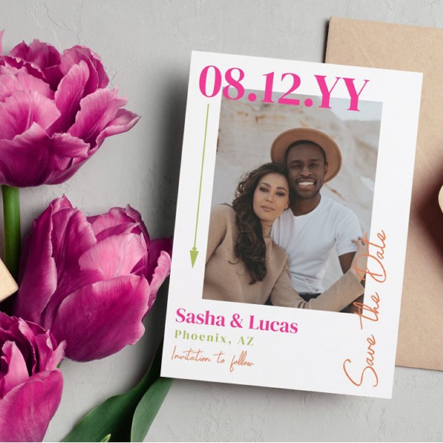 Pink & Orange Arrow Typography Photo Save The Date (Créateur téléchargé)