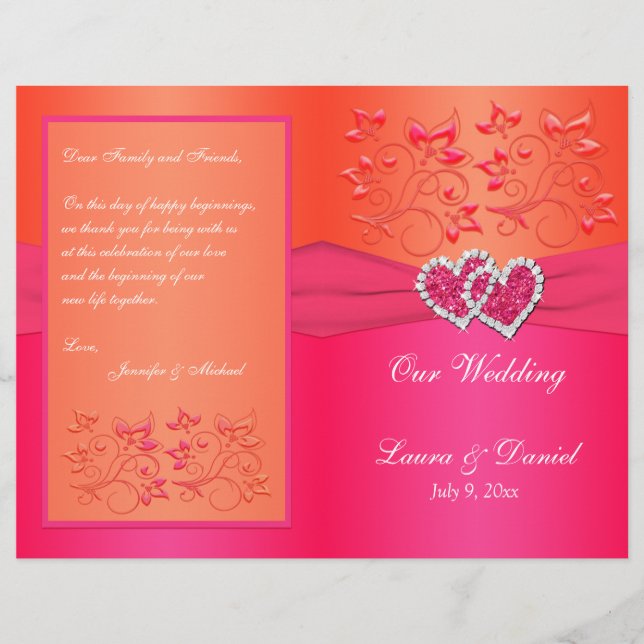 Pink Orange Floral, Programme de mariage des coeur (Devant)